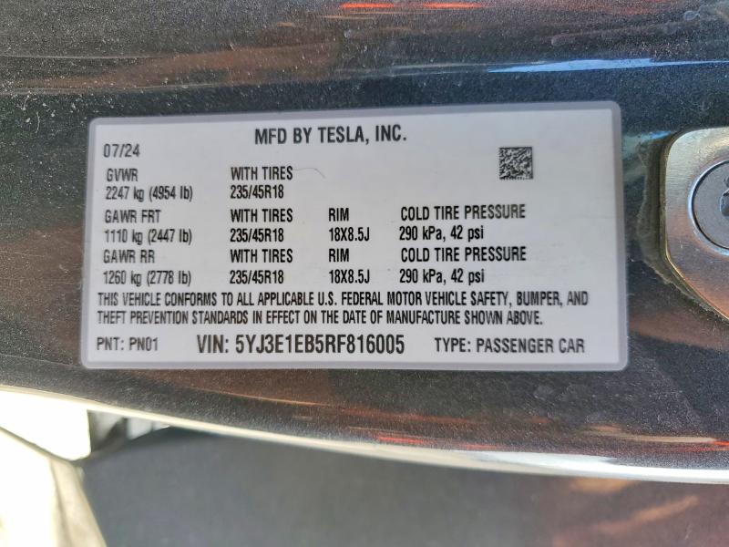 78898295 :رقم المزاد ، 5YJ3E1EB5RF816005 vin ، 2024 Tesla Model 3 مزاد بيع