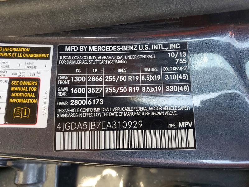 78660745 :رقم المزاد ، 4JGDA5JB7EA310929 vin ، 2014 Mercedes-benz Ml مزاد بيع