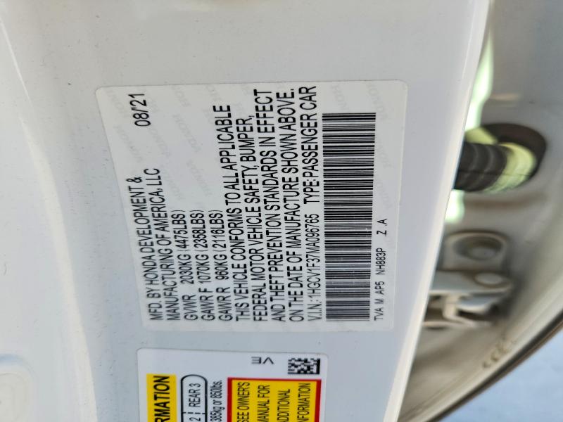 2021 Honda Accord მანქანა იყიდება აუქციონზე, vin: 1HGCV1F37MA096765, აუქციონის ნომერი: 78745065