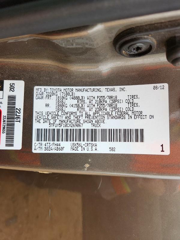 78442485 :رقم المزاد ، 5TFUY5F10CX269067 vin ، 2012 Toyota Tundra مزاد بيع