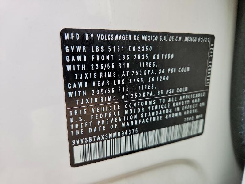 Aukcja sprzedaży 2022 Volkswagen Tiguan, vin: 3VV3B7AX3NM094375, numer aukcji: 75824005