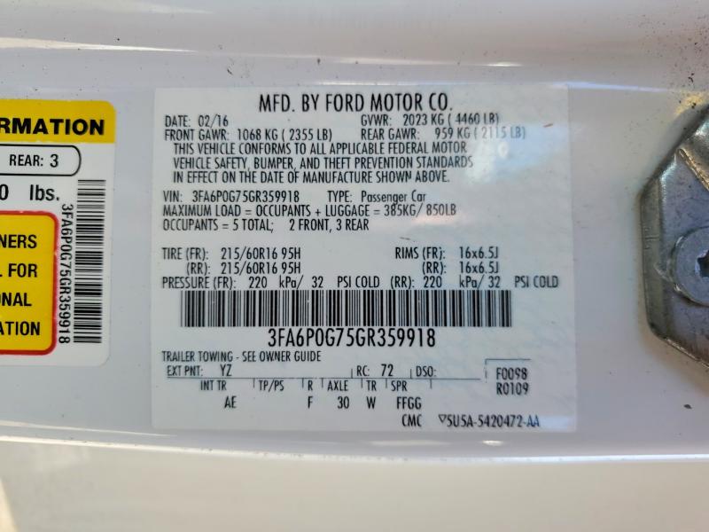 76756445 :رقم المزاد ، 3FA6P0G75GR359918 vin ، 2016 Ford Fusion مزاد بيع