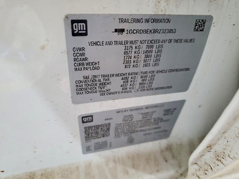 2024 Chevrolet Silverado მანქანა იყიდება აუქციონზე, vin: 1GCRDBEK8RZ323853, აუქციონის ნომერი: 53460096