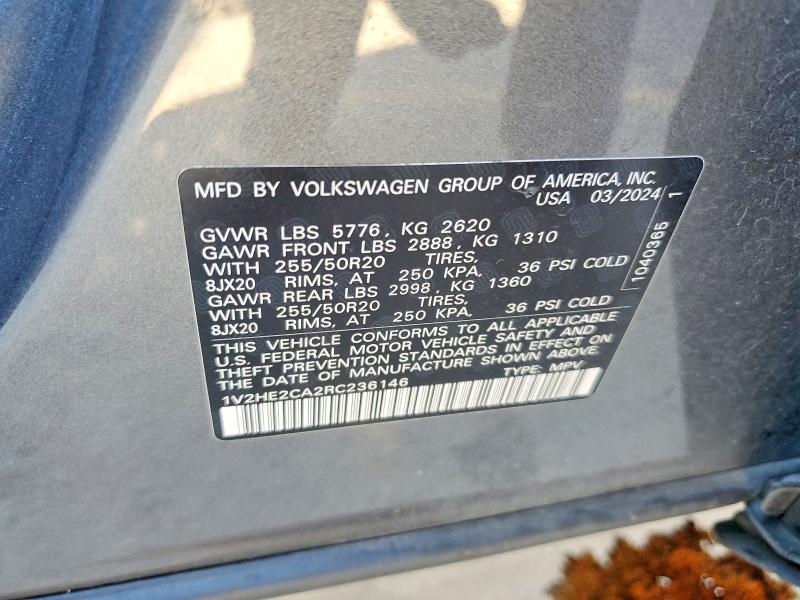Продаж на аукціоні авто 2024 Volkswagen Atlas Cros, vin: 1V2HE2CA2RC236146, номер лоту: 77376355