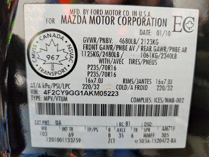 76899405 :رقم المزاد ، 4F2CY9GG1AKM05223 vin ، 2010 Mazda Tribute مزاد بيع