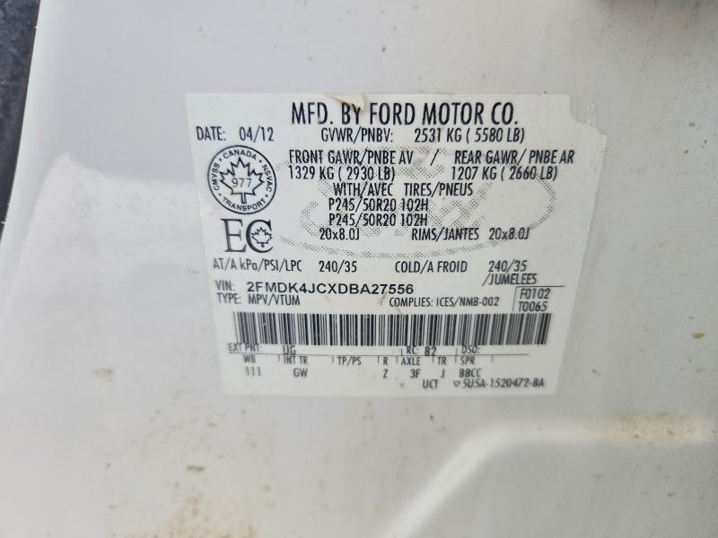 76233395 :رقم المزاد ، 2FMDK4JCXDBA27556 vin ، 2013 Ford Edge Sel مزاد بيع