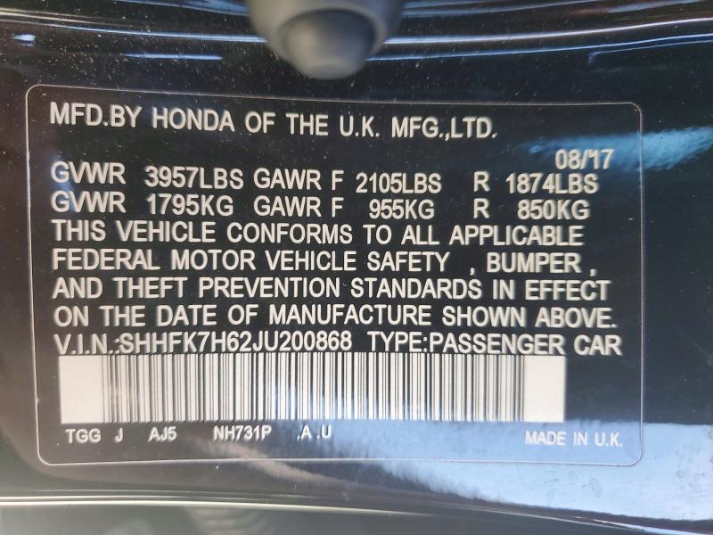 Продаж на аукціоні авто 2018 Honda Civic, vin: SHHFK7H62JU200868, номер лоту: 77707465