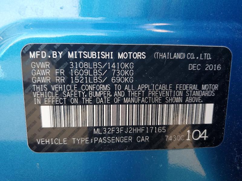 2017 Mitsubishi Mirage მანქანა იყიდება აუქციონზე, vin: ML32F3FJ2HHF17165, აუქციონის ნომერი: 78625305