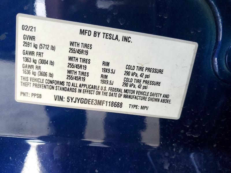 78296885 :رقم المزاد ، 5YJYGDEE3MF118688 vin ، 2021 Tesla Model Y مزاد بيع