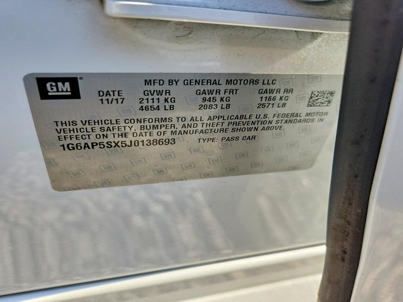 2018 Cadillac Cts მანქანა იყიდება აუქციონზე, vin: 1G6AP5SX5J0138693, აუქციონის ნომერი: 78137645