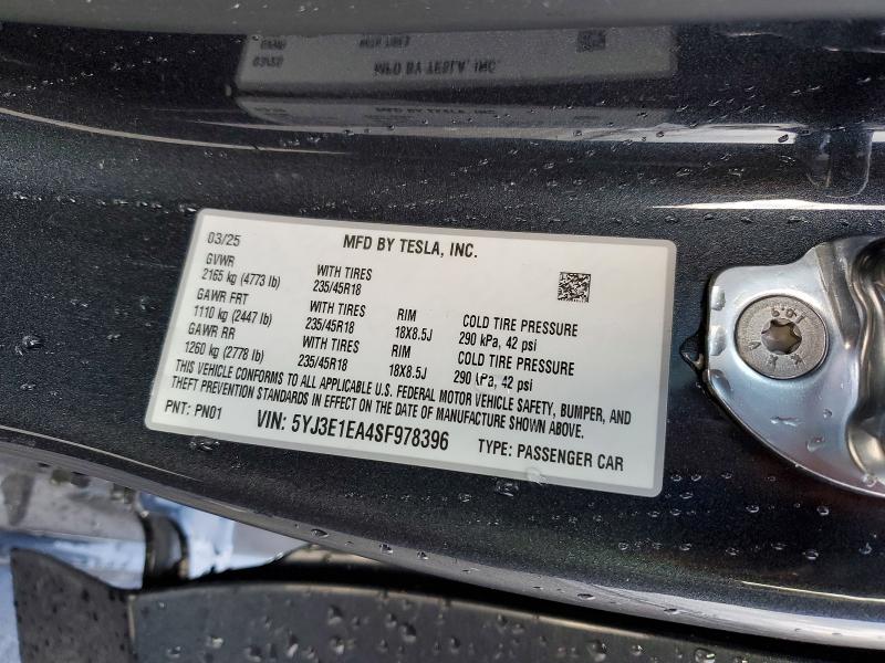 Aukcja sprzedaży 2025 Tesla Model 3, vin: 5YJ3E1EA4SF978396, numer aukcji: 78183455