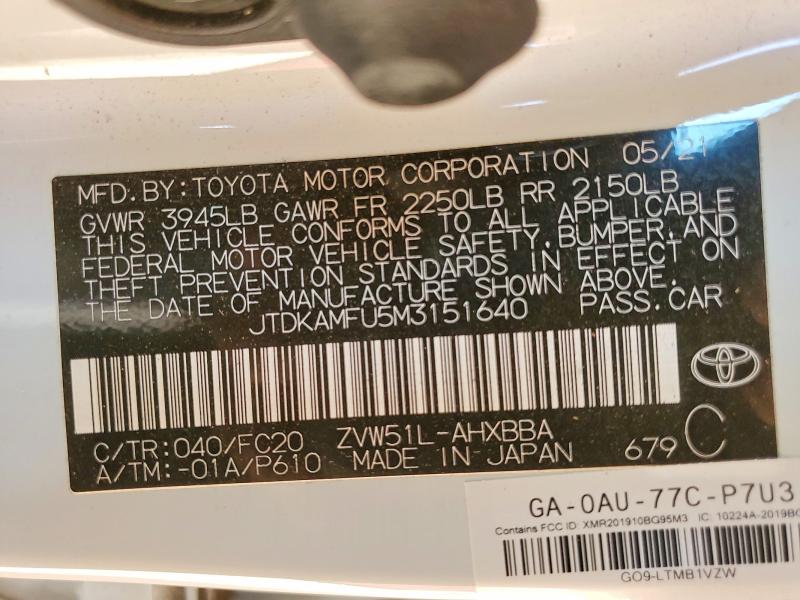 77303625 :رقم المزاد ، JTDKAMFU5M3151640 vin ، 2021 Toyota Prius مزاد بيع