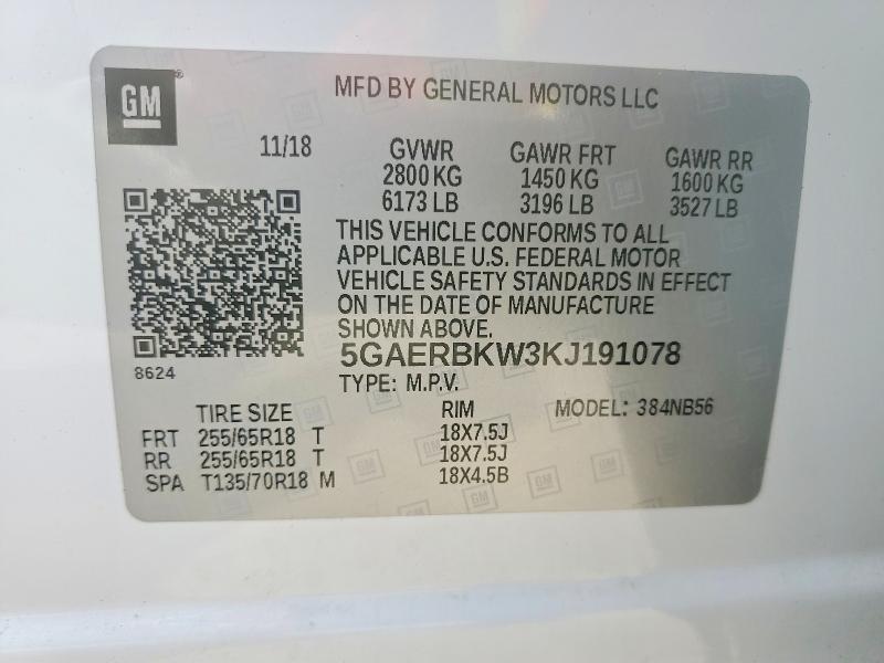 2019 Buick Enclave მანქანა იყიდება აუქციონზე, vin: 5GAERBKW3KJ191078, აუქციონის ნომერი: 76318755