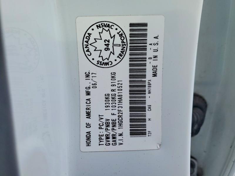 2017 Honda Accord მანქანა იყიდება აუქციონზე, vin: 1HGCR2F31HA810521, აუქციონის ნომერი: 77308835