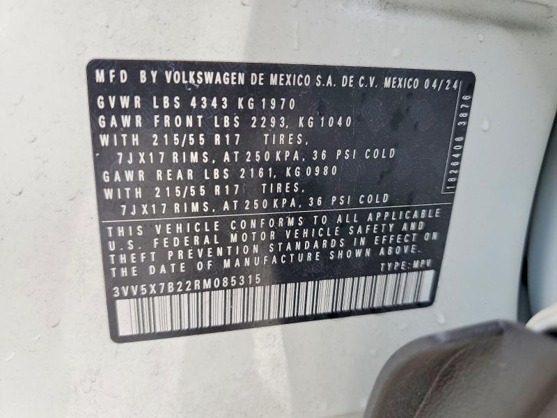 2024 Volkswagen Taos მანქანა იყიდება აუქციონზე, vin: 3VV5X7B22RM085315, აუქციონის ნომერი: 77779035