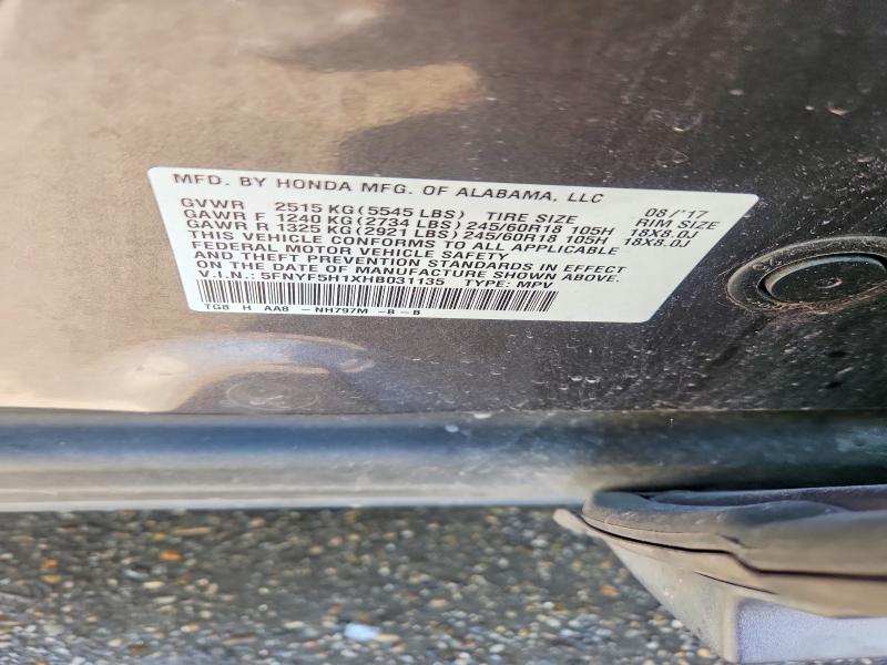 Продаж на аукціоні авто 2017 Honda Pilot, vin: 5FNYF5H1XHB031135, номер лоту: 74992615