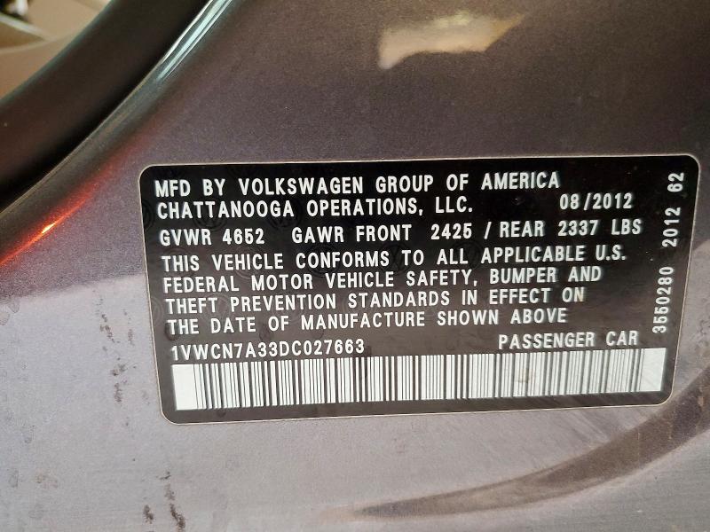 Aukcja sprzedaży 2013 Volkswagen Passat, vin: 1VWCN7A33DC027663, numer aukcji: 78364085