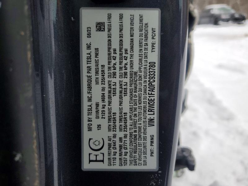 74874025 :رقم المزاد ، LRW3E1FA0PC933780 vin ، 2023 Tesla Model 3 مزاد بيع