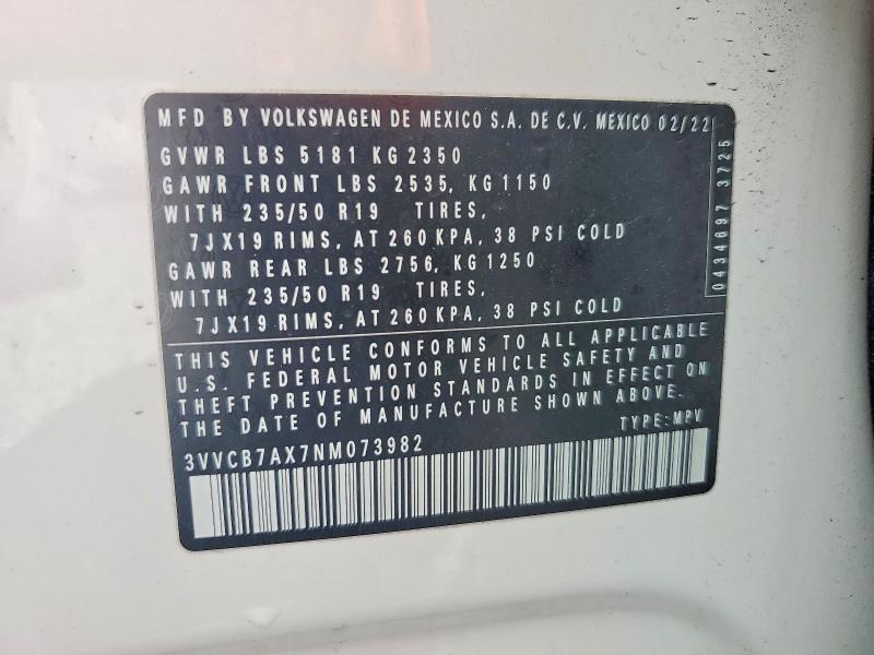 Aukcja sprzedaży 2022 Volkswagen Tiguan, vin: 3VVCB7AX7NM073982, numer aukcji: 50127996