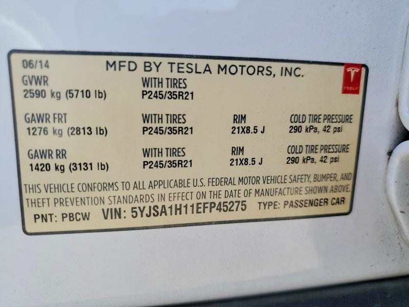 2014 Tesla Model S მანქანა იყიდება აუქციონზე, vin: 5YJSA1H11EFP45275, აუქციონის ნომერი: 78377385