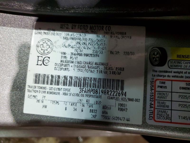 77483935 :رقم المزاد ، 3FAHP08198R222694 vin ، 2008 Ford Fusion مزاد بيع