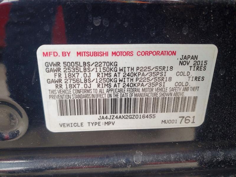 2016 Mitsubishi Outlander მანქანა იყიდება აუქციონზე, vin: JA4JZ4AX2GZ016455, აუქციონის ნომერი: 75513265