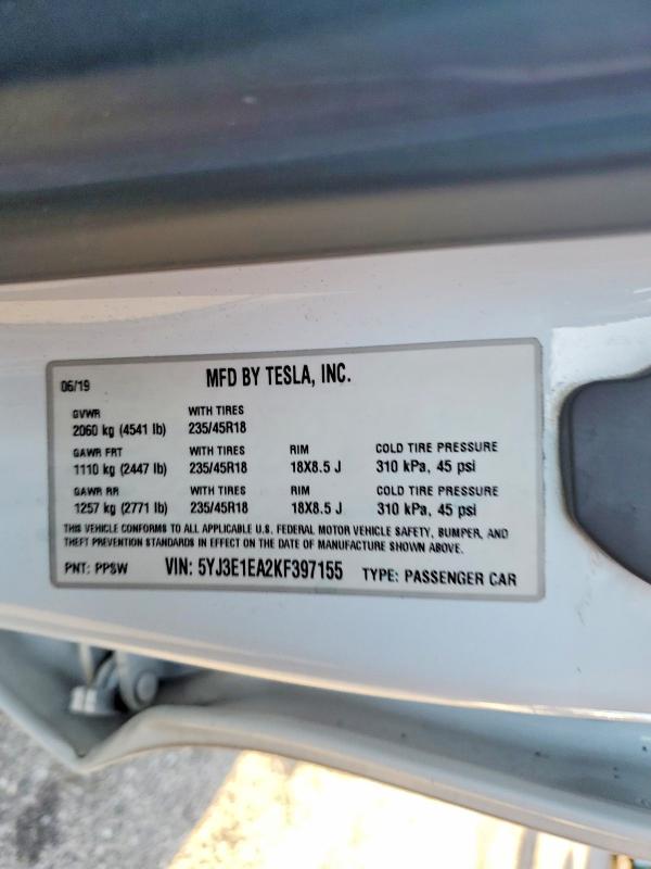 77729545 :رقم المزاد ، 5YJ3E1EA2KF397155 vin ، 2019 Tesla Model 3 مزاد بيع