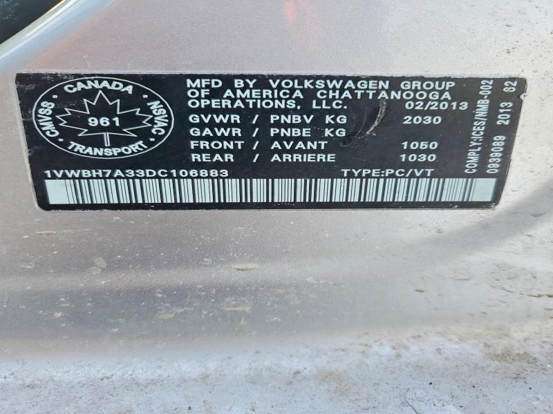 79054515 :رقم المزاد ، 1VWBH7A33DC106883 vin ، 2013 Volkswagen Passat مزاد بيع
