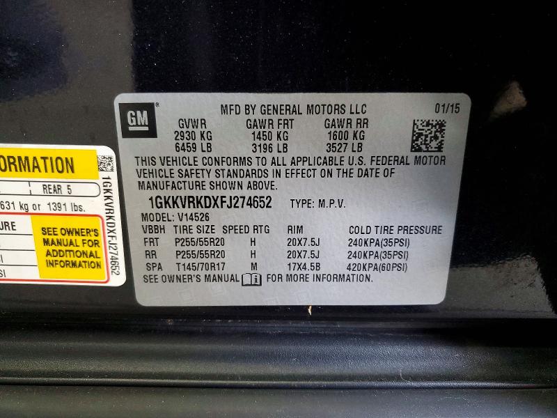Aukcja sprzedaży 2015 Gmc Acadia, vin: 1GKKVRKDXFJ274652, numer aukcji: 75517935