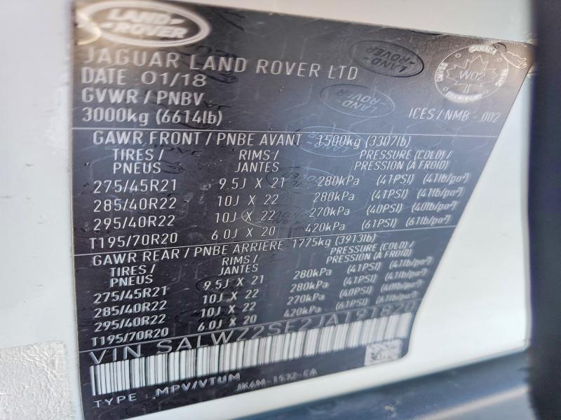 72310405 :رقم المزاد ، SALWZ2SE2JA191820 vin ، 2018 Land Rover Range Rover Sport مزاد بيع