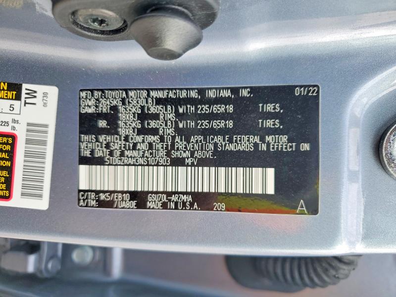 78923665 :رقم المزاد ، 5TDGZRAH3NS107903 vin ، 2022 Toyota Highlander مزاد بيع