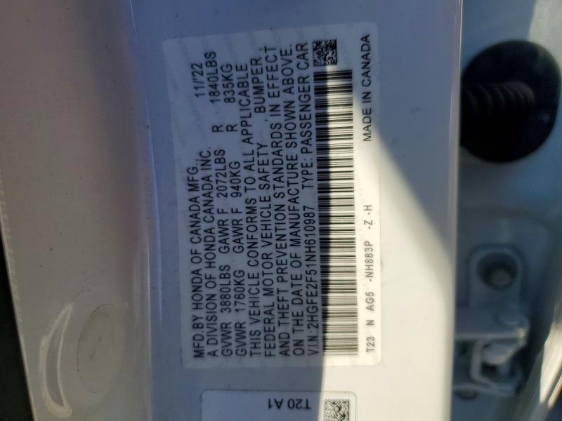 Aukcja sprzedaży 2022 Honda Civic, vin: 2HGFE2F51NH610987, numer aukcji: 78603705