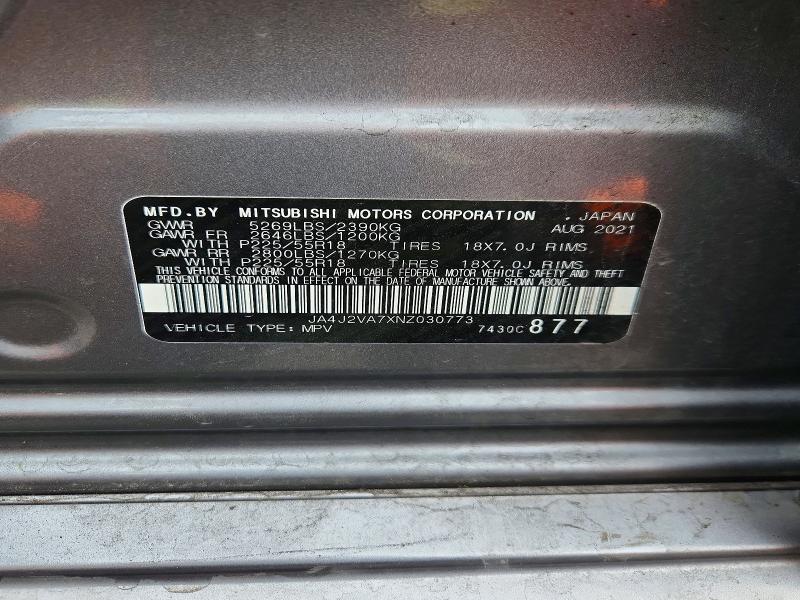 2022 Mitsubishi Outlander მანქანა იყიდება აუქციონზე, vin: JA4J2VA7XNZ030773, აუქციონის ნომერი: 77706415