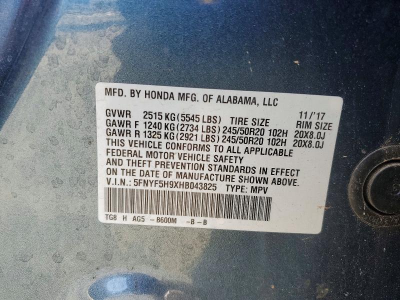 Aukcja sprzedaży 2017 Honda Pilot, vin: 5FNYF5H9XHB043825, numer aukcji: 75558375