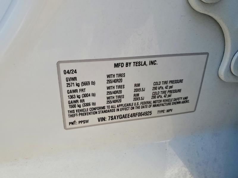 77210735 :رقم المزاد ، 7SAYGAEE4RF064925 vin ، 2024 Tesla Model Y مزاد بيع