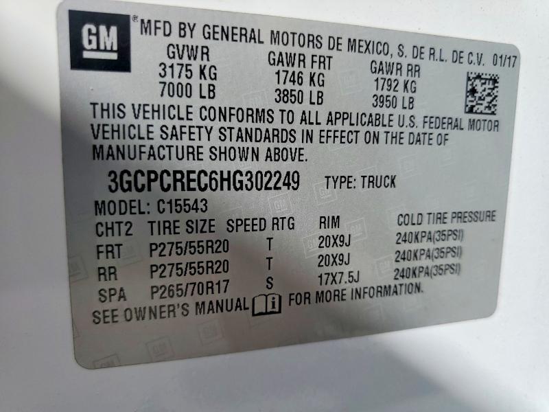 77086455 :رقم المزاد ، 3GCPCREC6HG302249 vin ، 2017 Chevrolet Silverado مزاد بيع
