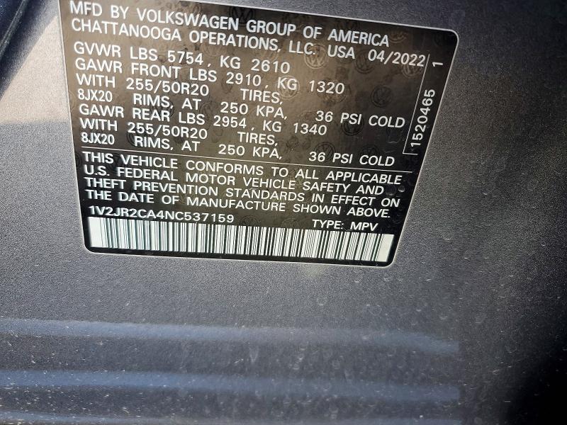 Продажа на аукционе авто 2022 Volkswagen Atlas, vin: 1V2JR2CA4NC537159, номер лота: 77141505