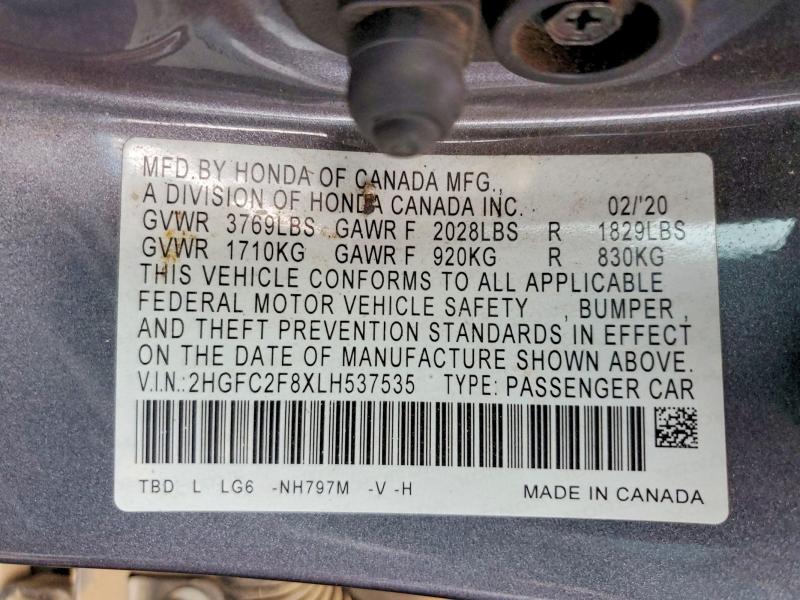 Продаж на аукціоні авто 2020 Honda Civic, vin: 2HGFC2F8XLH537535, номер лоту: 76767435
