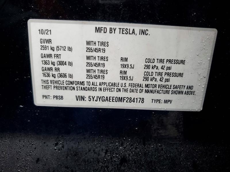 78148005 :رقم المزاد ، 5YJYGAEE0MF284178 vin ، 2021 Tesla Model Y مزاد بيع