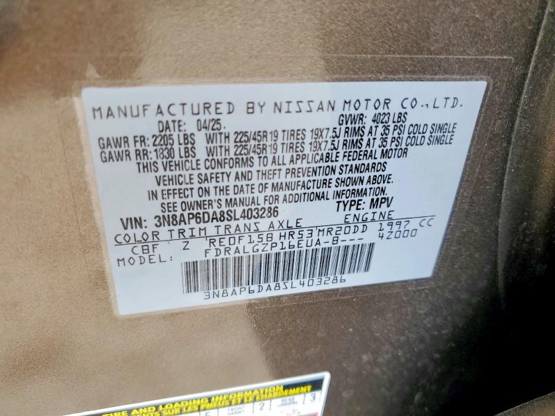 2025 Nissan Kicks მანქანა იყიდება აუქციონზე, vin: 3N8AP6DA8SL403286, აუქციონის ნომერი: 79314035
