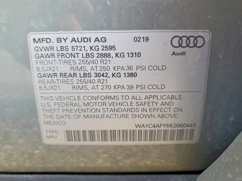 78453245 :رقم المزاد ، WA1C4AFY5K2060443 vin ، 2019 Audi Sq5 مزاد بيع