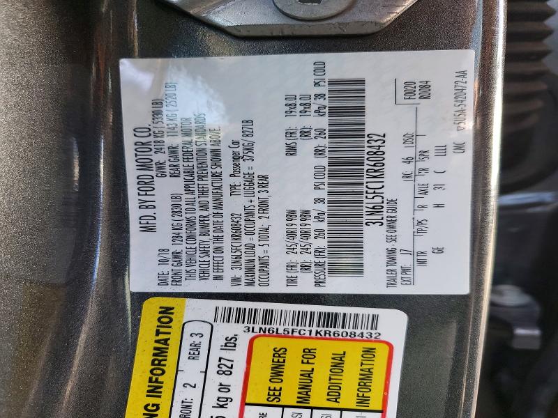 Продаж на аукціоні авто 2019 Lincoln Mkz, vin: 3LN6L5FC1KR608432, номер лоту: 77572475