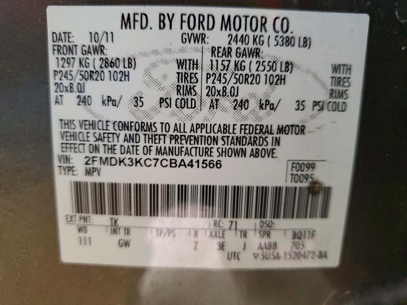 77334905 :رقم المزاد ، 2FMDK3KC7CBA41566 vin ، 2012 Ford Edge مزاد بيع