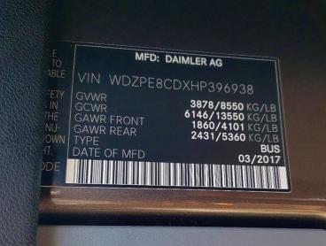 Aukcja sprzedaży 2017 Mercedes-benz Sprinter, vin: WDZPE8CDXHP396938, numer aukcji: 76600235