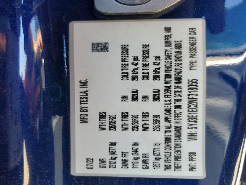 Продаж на аукціоні авто 2022 Tesla Model 3, vin: 5YJ3E1EC2NF318055, номер лоту: 77958035