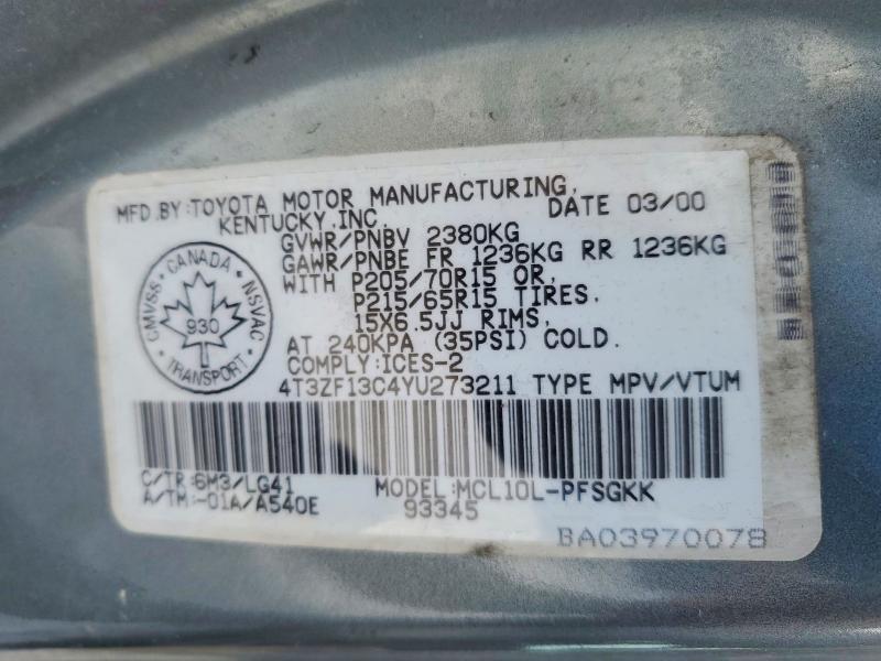 78651715 :رقم المزاد ، 4T3ZF13C4YU273211 vin ، 2000 Toyota Sienna مزاد بيع