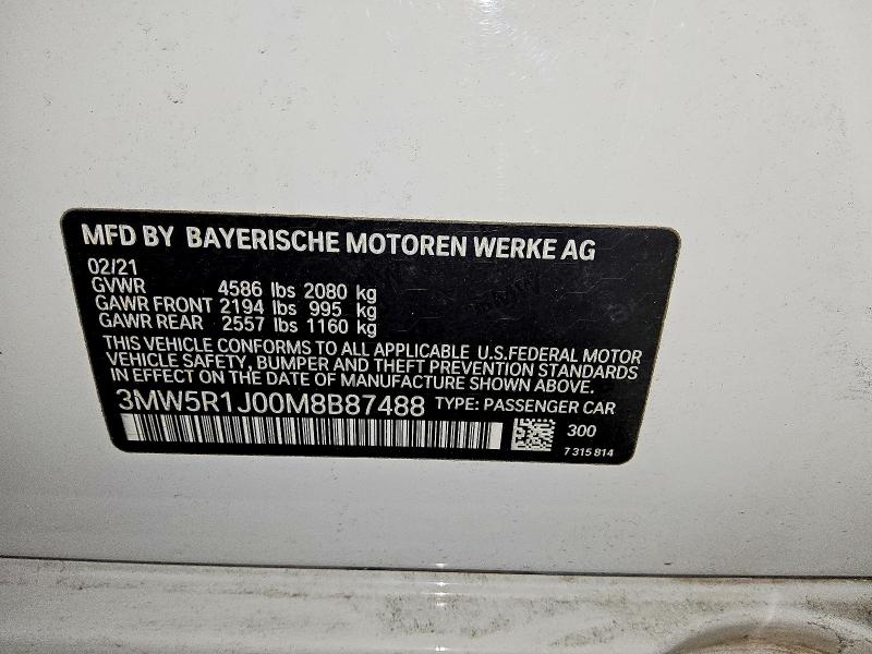 Aukcja sprzedaży 2021 Bmw 330i, vin: 3MW5R1J00M8B87488, numer aukcji: 78823175