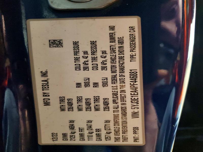 2023 Tesla Model 3 მანქანა იყიდება აუქციონზე, vin: 5YJ3E1EA4PF446881, აუქციონის ნომერი: 77562975