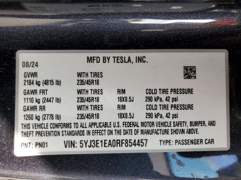 Продаж на аукціоні авто 2024 Tesla Model 3, vin: 5YJ3E1EA0RF854457, номер лоту: 76264845