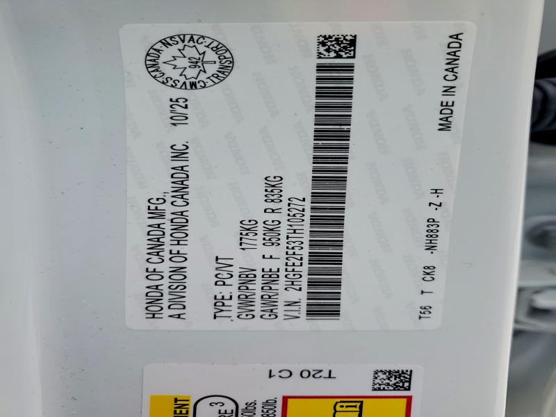 Aukcja sprzedaży 2026 Honda Civic, vin: 2HGFE2F53TH105272, numer aukcji: 75794355